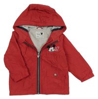 Červená šusťáková jarní bunda s Mickeym a kapucí 