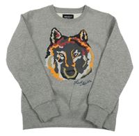 Šedá melírovaná mikina s vlkem 