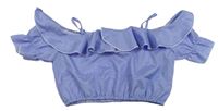 Modro-bílý pruhovaný crop top s volánkem Shein
