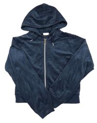 Tmavomodrá propínací crop plyšová mikina s kapucí  