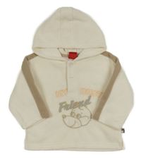 Smetanovo-béžová fleecová mikina se zvířátkem a nápisy a kapucí 