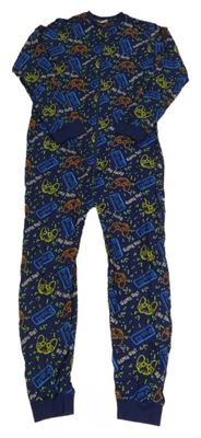 Tmavomodrý vzorovaný overal s nápisy a ovladači 