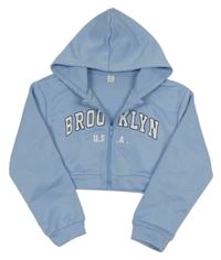 Světlemodrá propínací crop mikina s nápisem a kapucí Shein