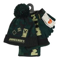 Nové - 3set - Zelená čepice s bambulí + zelené pletené prstové rukavice + zeleno-šedá šála - Minecraft M&S