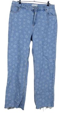 Dámské světlemodré kytičkované baggy roztřepené rifle Primark 
