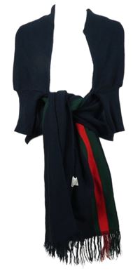 Dámský tmavomodro-červeno-zelený svetrový cardigán s šálou 