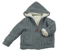 Tmavomodrý melírovaný zateplený propínací svetr s kapucí nutmeg