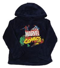 Tmavomodrá chlupatá mikina s Marvel postavičkami a kapucí