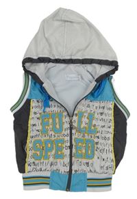 Modro-šedá šusťáková podšitá vesta s nápisy a kapucí 