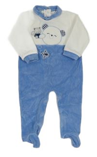 Bílo-světlemodrý sametový overal s medvídkem a límečkem