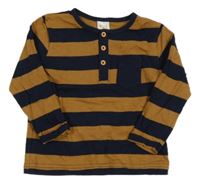 Tmavomodro-hnědé pruhované triko s kapsou Pusblu