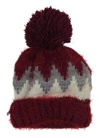 Nové - Vínovo-šedo-bílá vzorovaná čepice s bambulí 