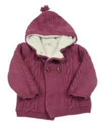 Tmavorůžový propínací zateplený svetr s copany a kapucí 