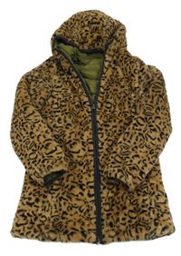 Hnědo-černý leopardí kožešinový oboustranný zateplený kabát s kapucí Vidigo