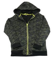 Khaki-černá vzorovaná propínací zateplená mikina s kapucí 