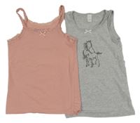 2x košilka - růžová s krajkou + šedá s koněm 128/140