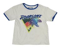 Bílo-tmavomodré crop tričko s dinosaurem Primark