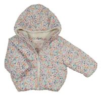 Bílá šusťáková prošívaná zimní bunda s kytičkami a kapucí F&F