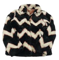 Černo-bílo-růžová vzorovaná podšitá kožešinová bunda Hema