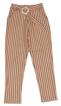 Růžovo-černé pruhované kalhoty s páskem 