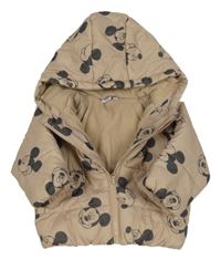 Béžová šusťáková prošívaná zateplená bunda s Mickeym a kapucí Disney