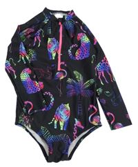 Černé jednodílné plavky se zvířátky a palmami a UV ochranou Bluezoo
