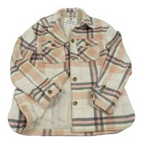 Smetanovo-růžovo-černo-béžová kostkovaná vlněná podšitá košilová bunda F&F