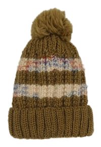 Bronzová žebrovaná pletená čepice s pruhy a bambulí 