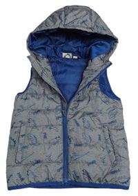 Šedá melírovaná prošívaná šusťáková zateplená vesta s dinosaury a kapucí impidimpi