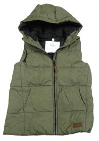 Khaki kostkovaná šusťáková zateplená vesta s nášivkou a kapucí Topolino