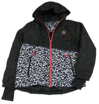 Černo-šedo-bílá šusťáková zimní lyžařská bunda s nášivkou a vzorem a kapucí crivit