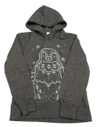 Tmavošedo-měděná melírovaná mikina s tučňáčkem a kapucí YIGGA