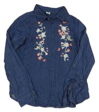 Tmavomodrá lehká riflová halenka s kytičkami a motýlky Y.F.K.