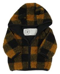 Hnědo-khaki-černá kostkovaná huňatá zateplená bunda s kapucí s oušky George