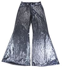 Tmavomodré metalické flare kalhoty H&M
