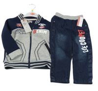 Nové - 2Set - Šedo-tmavomodrá melírovaná propínací teplá mikina s autobusem + tmavomodré rifle s logem Lee Cooper