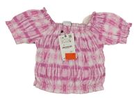 Nová - tmavorůžovo-bílá batikovaná krepová crop halenka ZARA