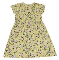 Světležluté šaty s květy a větvičkami a motýlky a volánky Y.F.K.
