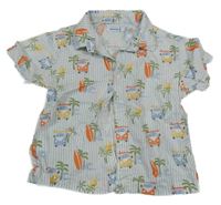 Světlemodro-bílá pruhovaná košile s autobusy a palmami a surfy mayoral