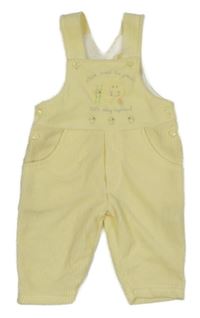 Žluto-bílé pruhované žebrované plyšové laclové kalhoty s kravičkou a kuřátky 