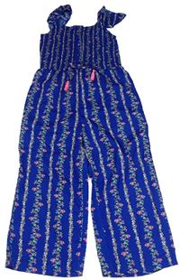 Safírový květovaný lehký culottes overal