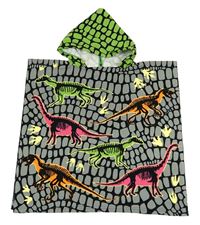 Šedo-černo-zelené vzorované osuškové pončo s dinosaury a kapucí
