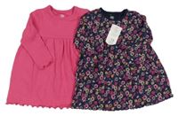 Nové - 2x bavlněné šaty - tmavomodré květované + fuchsiové žebrované F&F