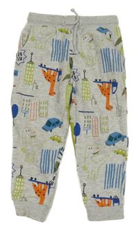 Šedé melírované tepláky s dinosaury a mrakodrapy Nutmeg