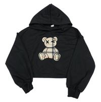 Černá crop mikina s kostkovaným medvědem a kapucí Shein
