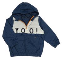 Tmavomodro-bílá šusťáková jarní bunda s nápisem a kapucí Pocopiano