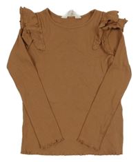 Hnědé žebrované triko s volánky H&M