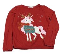 Červený lehký svetr s jednorožcem H&M