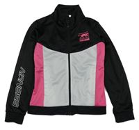 Černo-bílo-růžová sportovní propínací mikina s nápisem 