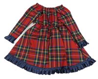 Červeno-tmavomodré kostkované šaty s volánky 